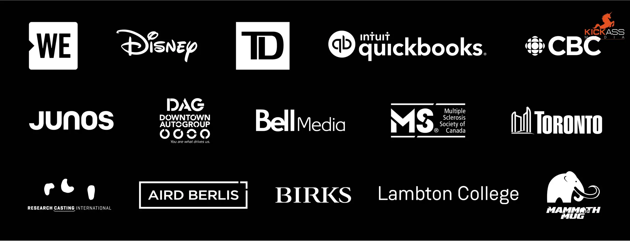 Client logos including Woodbine Entertainment, Disney, and other brands KA Media has worked with